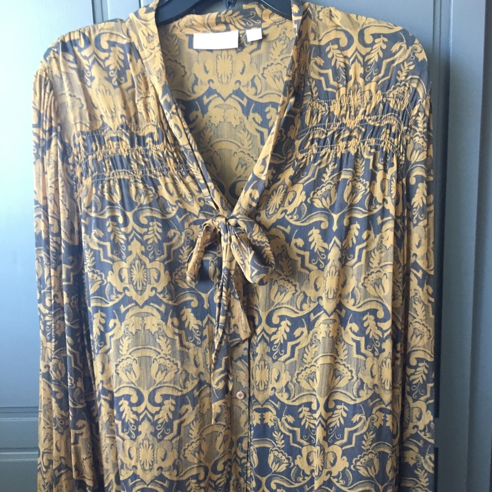 Hinge - Gold and Grey Silk Damask Print Blouse